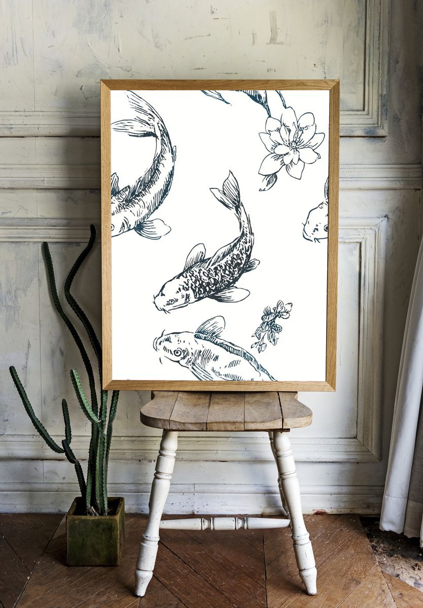 Koi Fish Botanical Line Art Poster. — room view 1