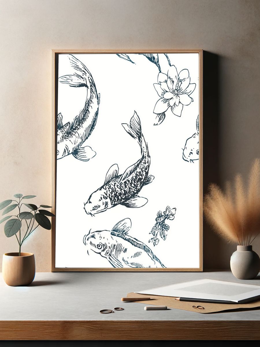 Koi Fish Botanical Line Art Poster. — room view 2