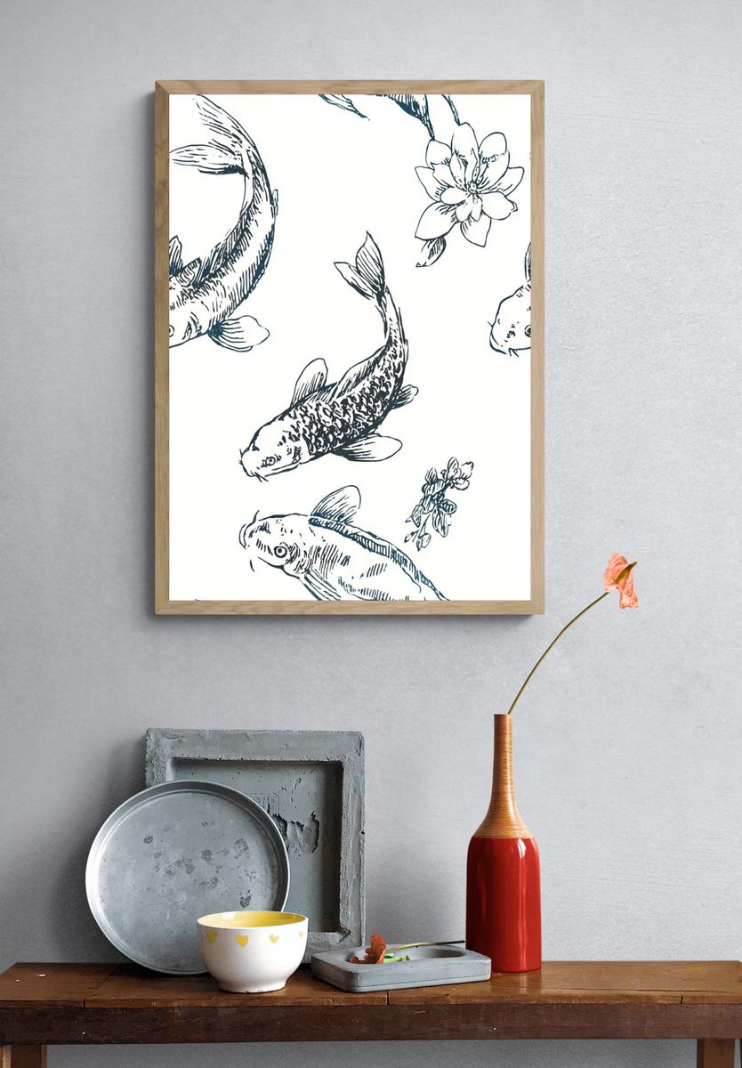 Koi Fish Botanical Line Art Poster. — room view 3