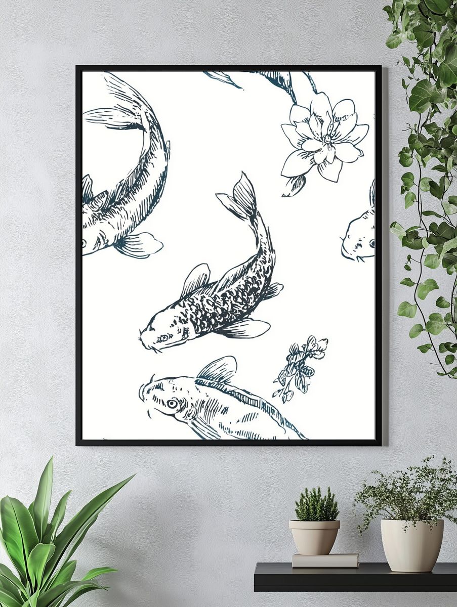 Koi Fish Botanical Line Art Poster. — room view 4