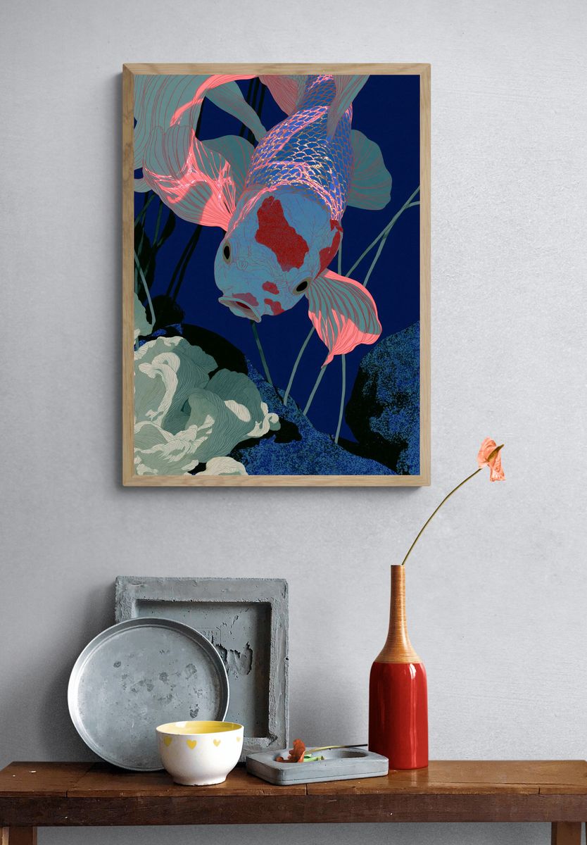 Koi Fish Digital Art Poster. — room view 3