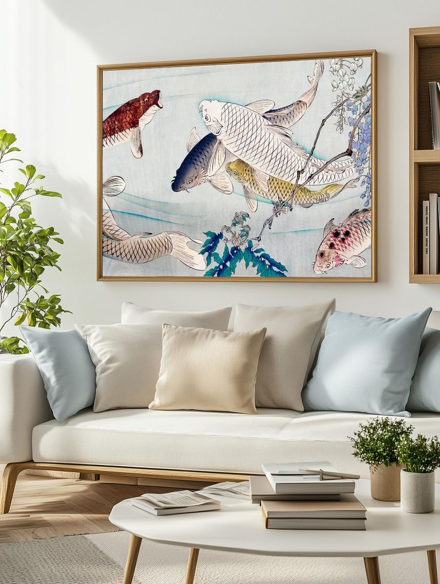 Six carp swimming beneath wisteria. — room view 2