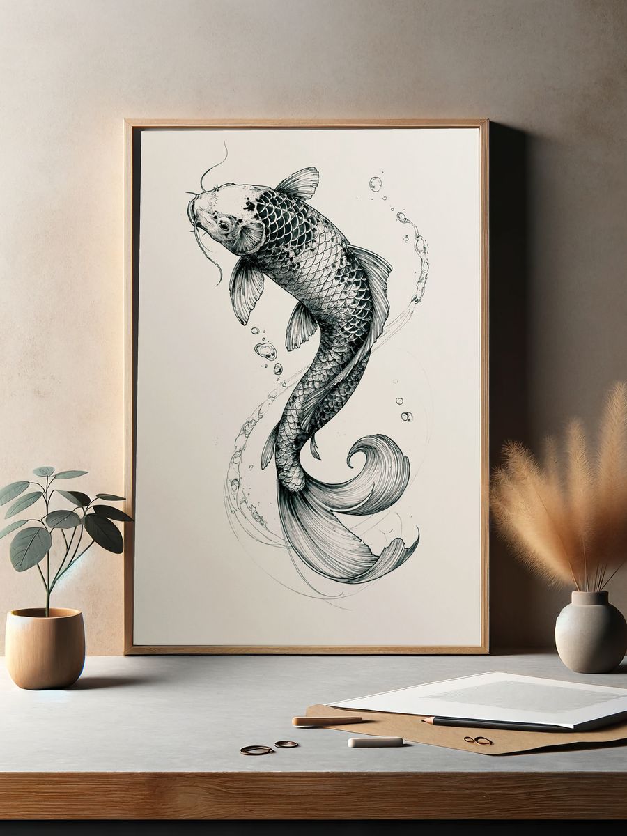 Koi Fish Ink Illustration Poster. — room view 2