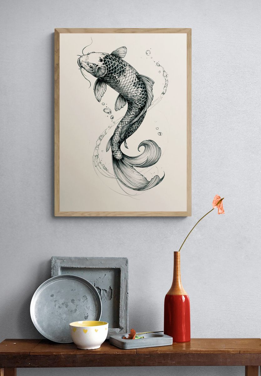 Koi Fish Ink Illustration Poster. — room view 3