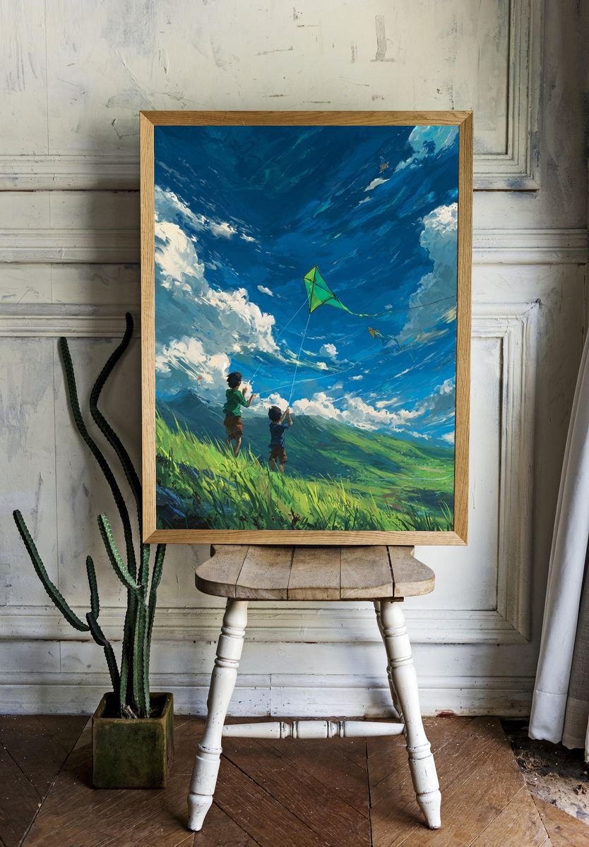 Kids Flying Kites — Digital Art Print. — room view 1