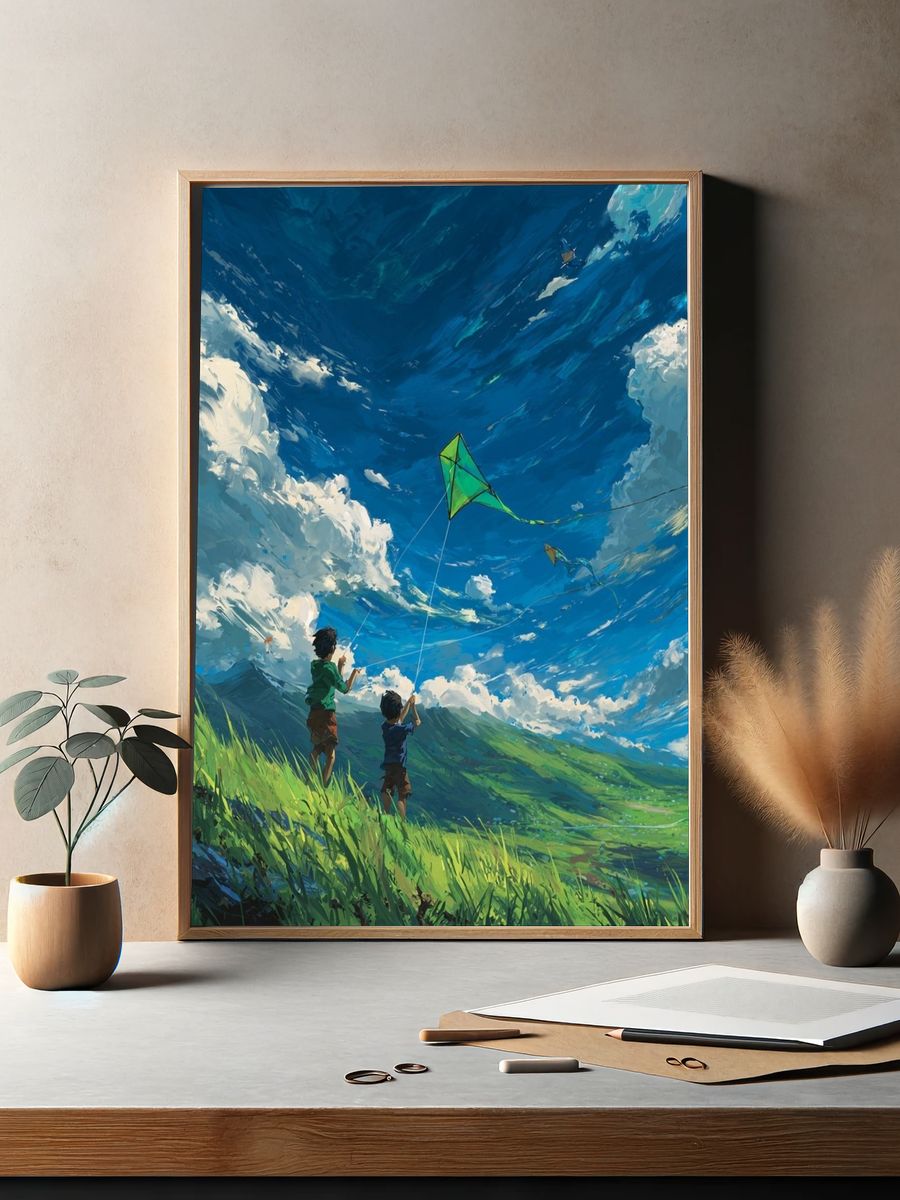 Kids Flying Kites — Digital Art Print. — room view 2