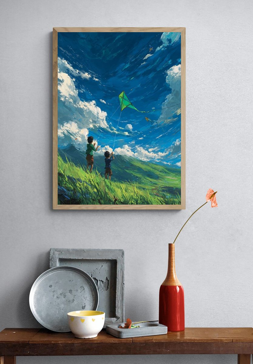 Kids Flying Kites — Digital Art Print. — room view 3
