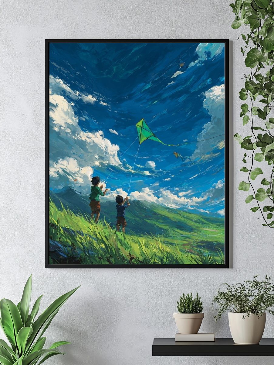 Kids Flying Kites — Digital Art Print. — room view 4