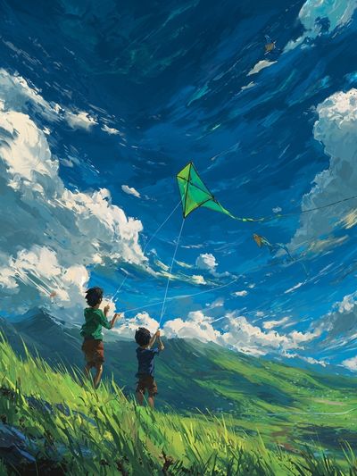 Kids Flying Kites — Digital Art Print. poster print