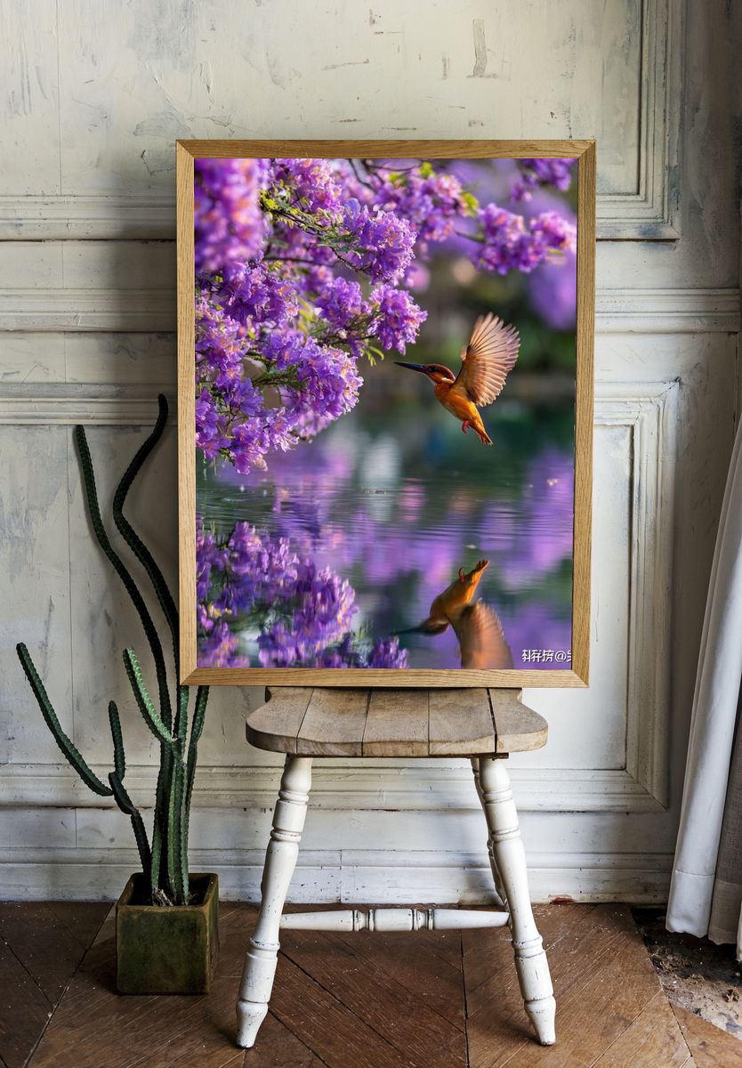 Kingfisher Among Purple Flowers Poster room preview