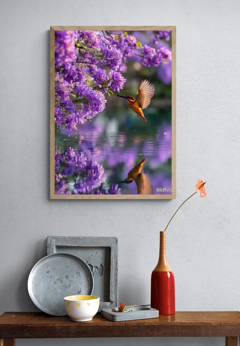 Kingfisher Among Purple Flowers Poster. — room view 3