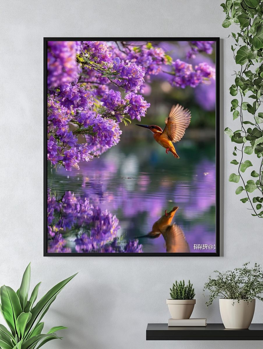 Kingfisher Among Purple Flowers Poster. — room view 4