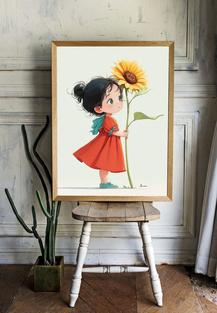 Little Girl with Sunflower — Illustration Print. — room view 1