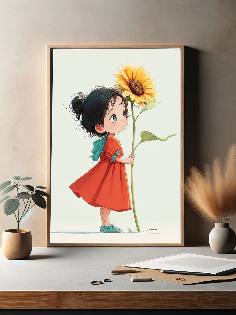 Little Girl with Sunflower — Illustration Print. — room view 2