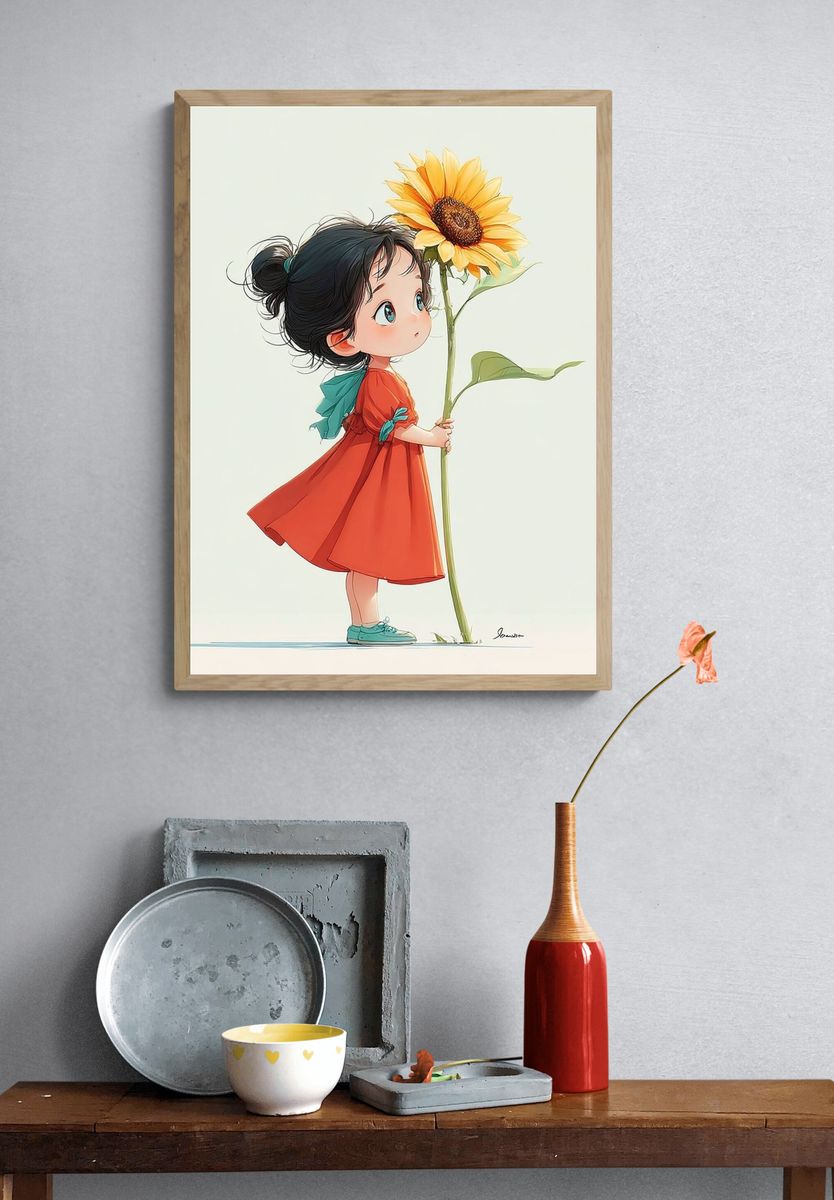 Little Girl with Sunflower — Illustration Print. — room view 3