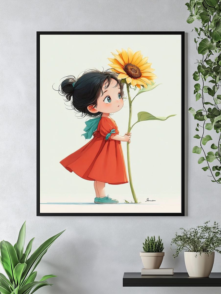 Little Girl with Sunflower — Illustration Print. — room view 4