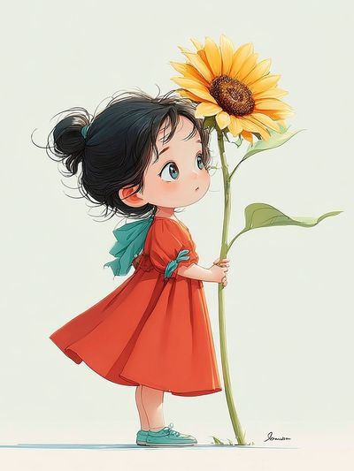 Little Girl with Sunflower — Illustration Print. poster