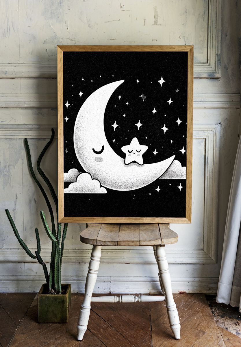 Sleepy Moon and Star Nursery Print. room preview