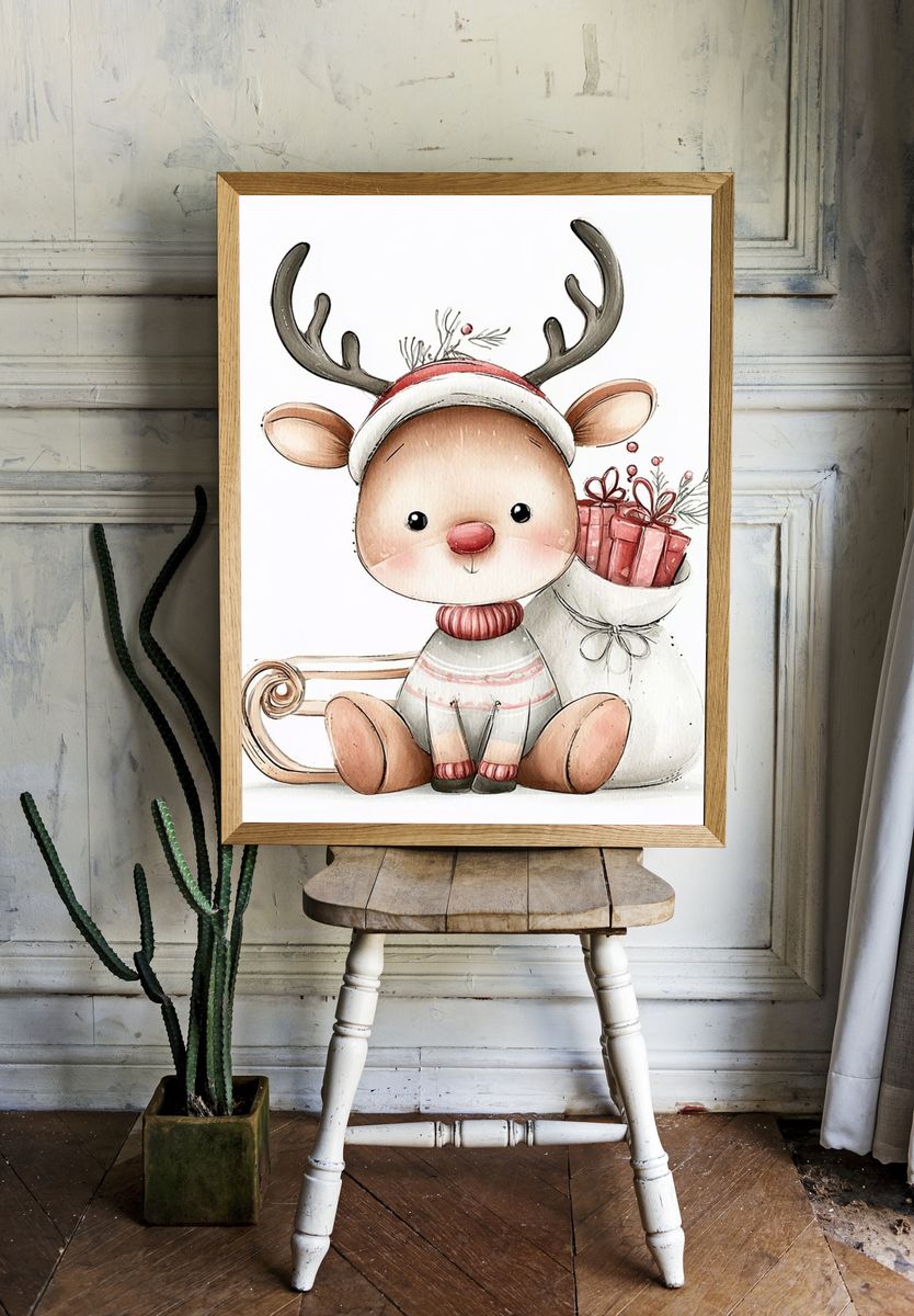 Christmas Reindeer Watercolor Print. room preview