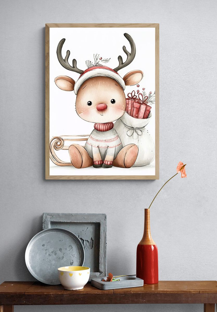 Christmas Reindeer Watercolor Print. — room view 3