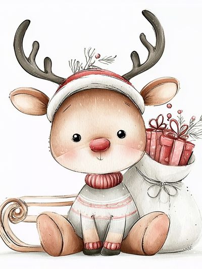 Christmas Reindeer Watercolor Print.