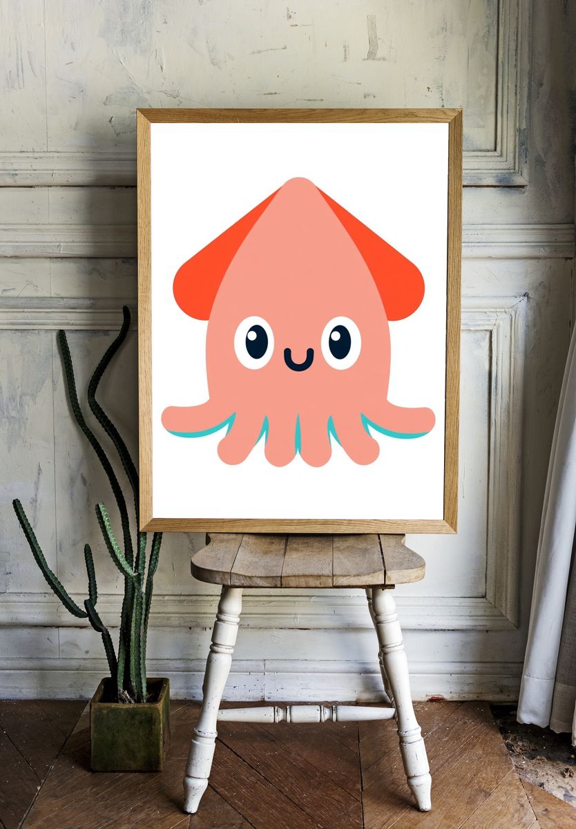 Cute Squid Cartoon Print. room preview