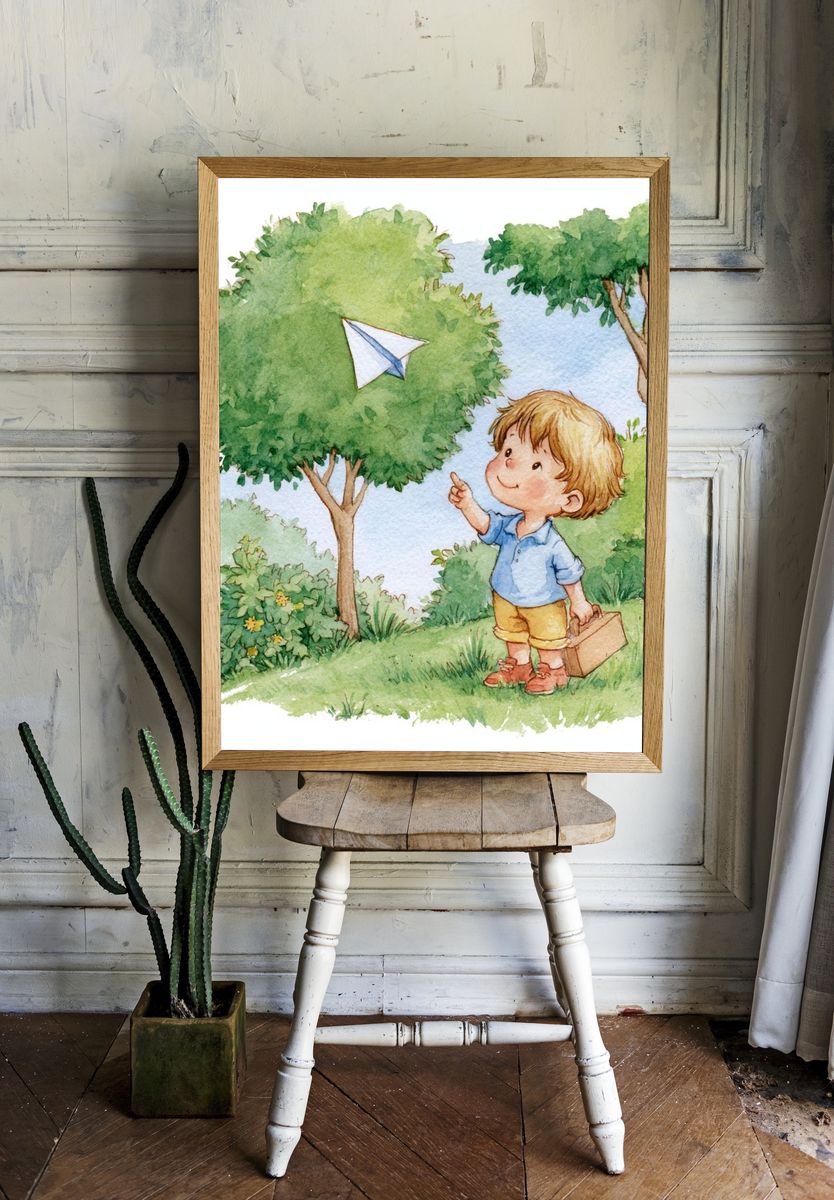 Boy Flying Paper Plane Watercolor Print. room preview