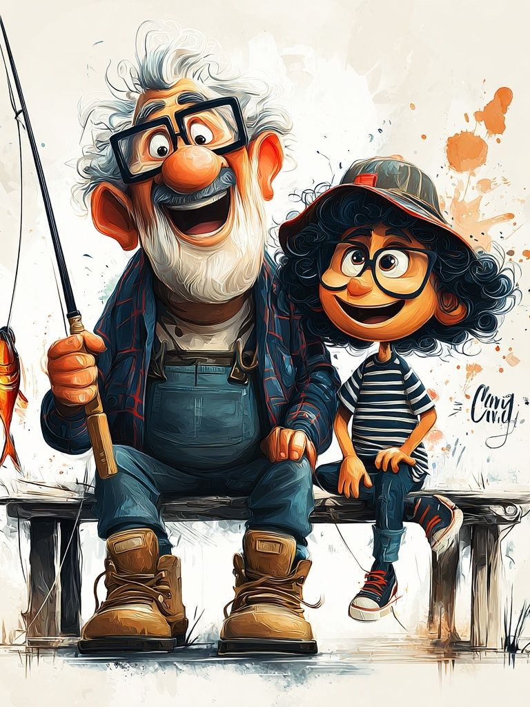 Grandfather and Grandchild Fishing — Illustration Print. poster — illustration art