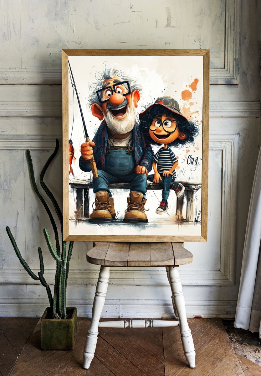 Grandfather and Grandchild Fishing — Illustration Print. — room view 1