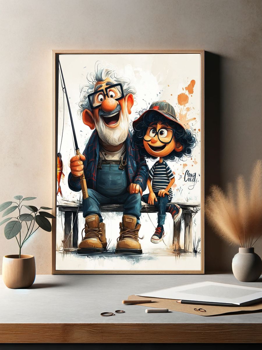 Grandfather and Grandchild Fishing — Illustration Print. — room view 2