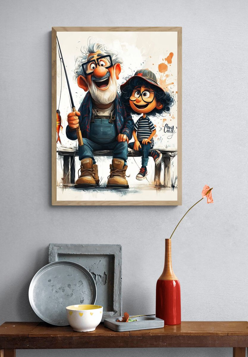 Grandfather and Grandchild Fishing — Illustration Print. — room view 3