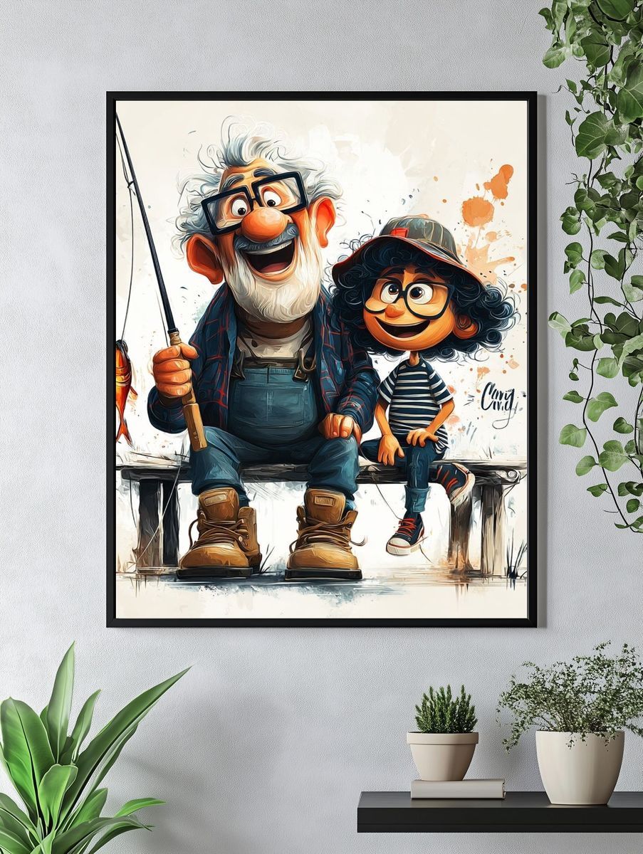 Grandfather and Grandchild Fishing — Illustration Print. — room view 4