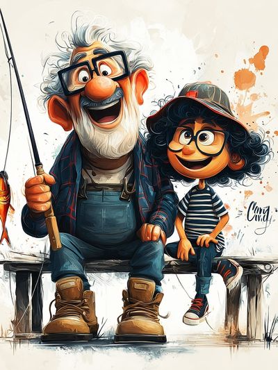Grandfather and Grandchild Fishing — Illustration Print. poster
