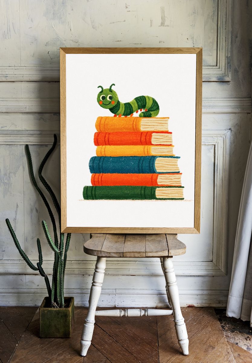 Caterpillar on Books Illustration Poster. room preview