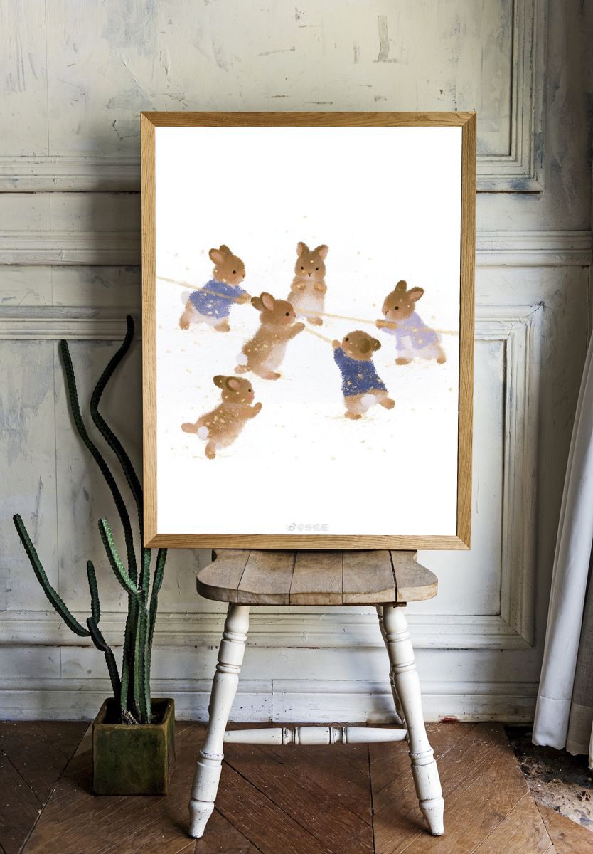 Playful Rabbits Watercolor Poster. room preview
