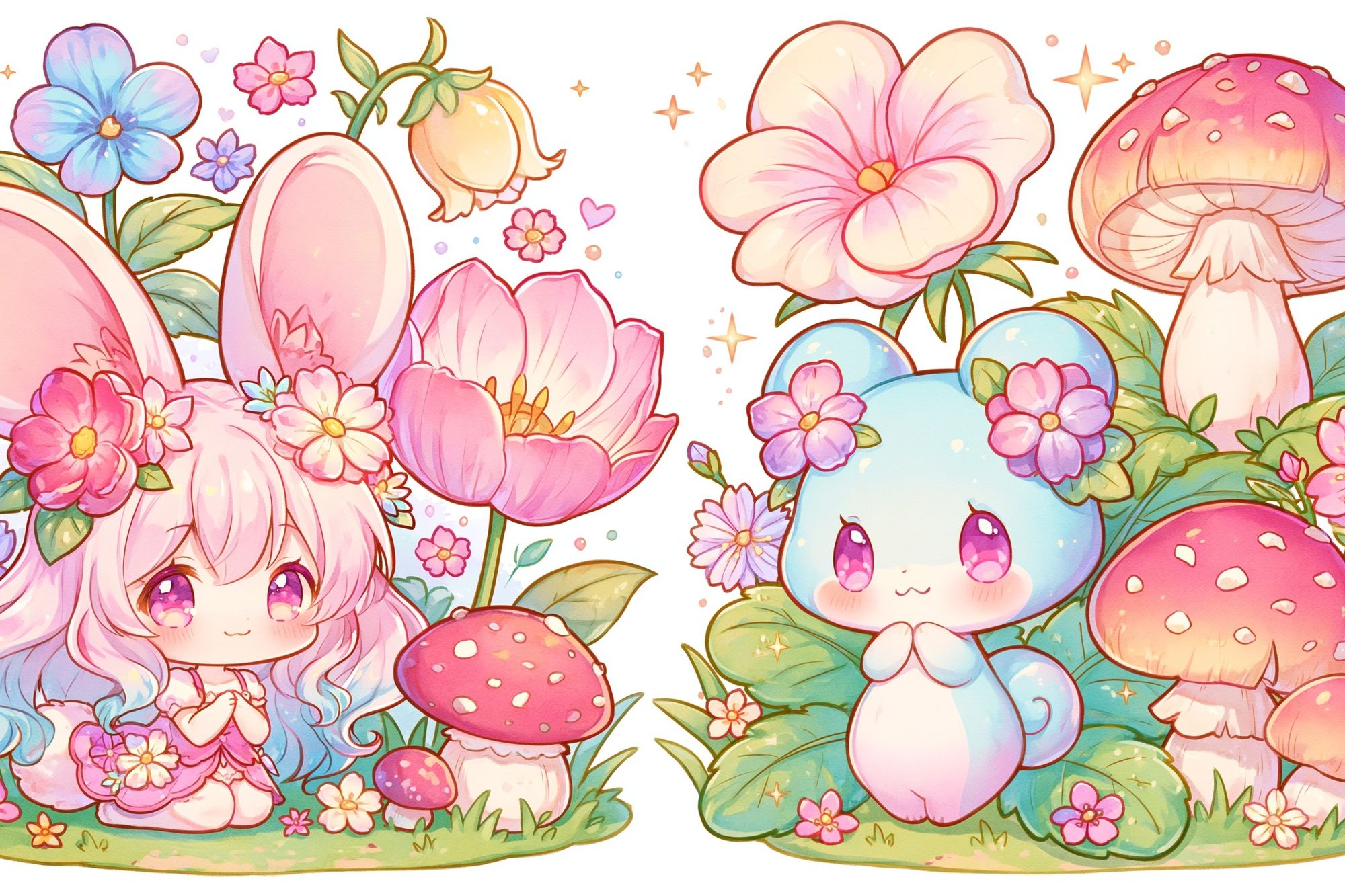 Kawaii Bunny and Mushrooms Poster. poster — kids art