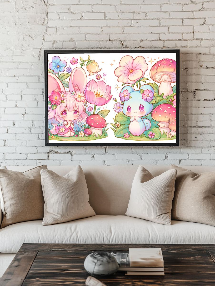 Kawaii Bunny and Mushrooms Poster. — room view 1
