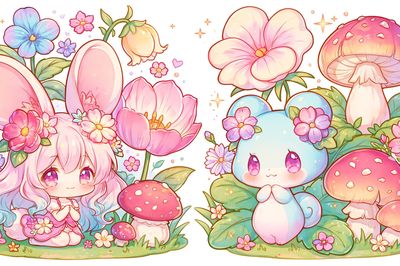 Kawaii Bunny and Mushrooms Poster.