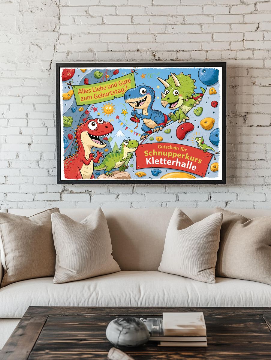 Dinosaur Climbing Birthday Illustration Poster. room preview