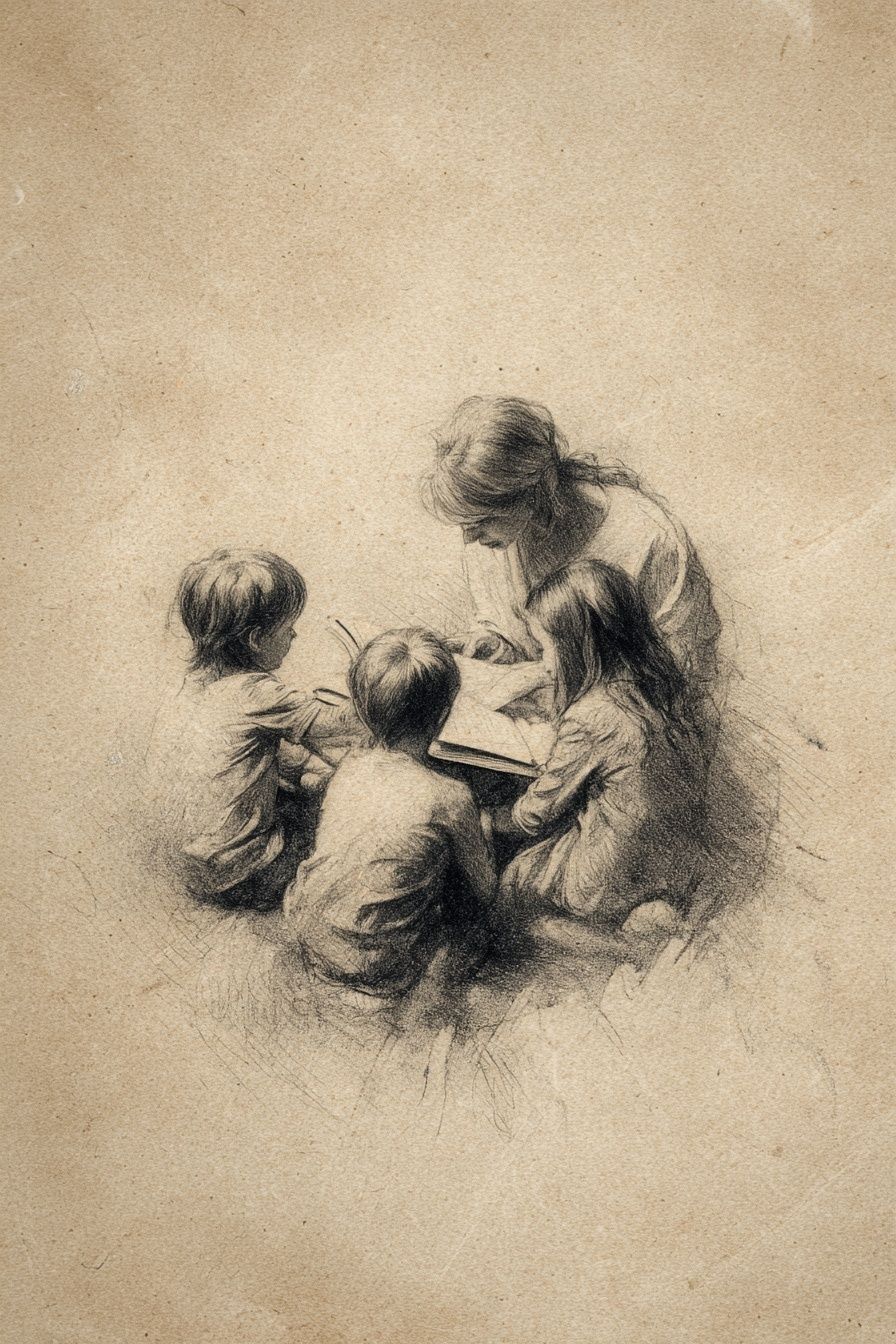 Children Reading Together — Illustration Print. poster — illustration art