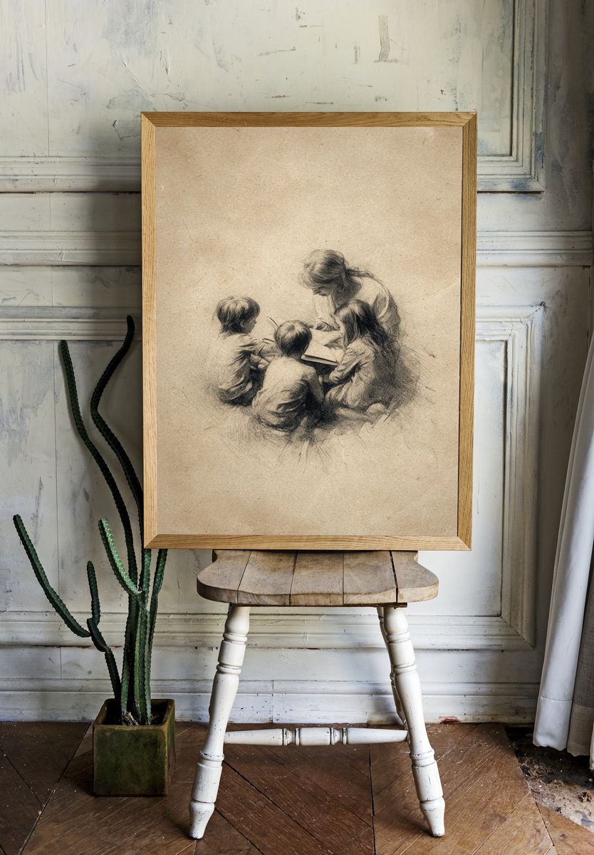 Children Reading Together — Illustration Print. — room view 1