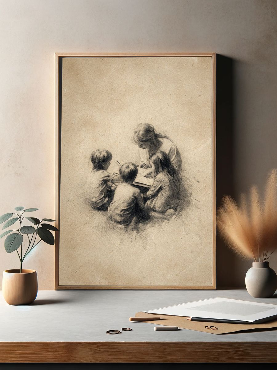 Children Reading Together — Illustration Print. — room view 2