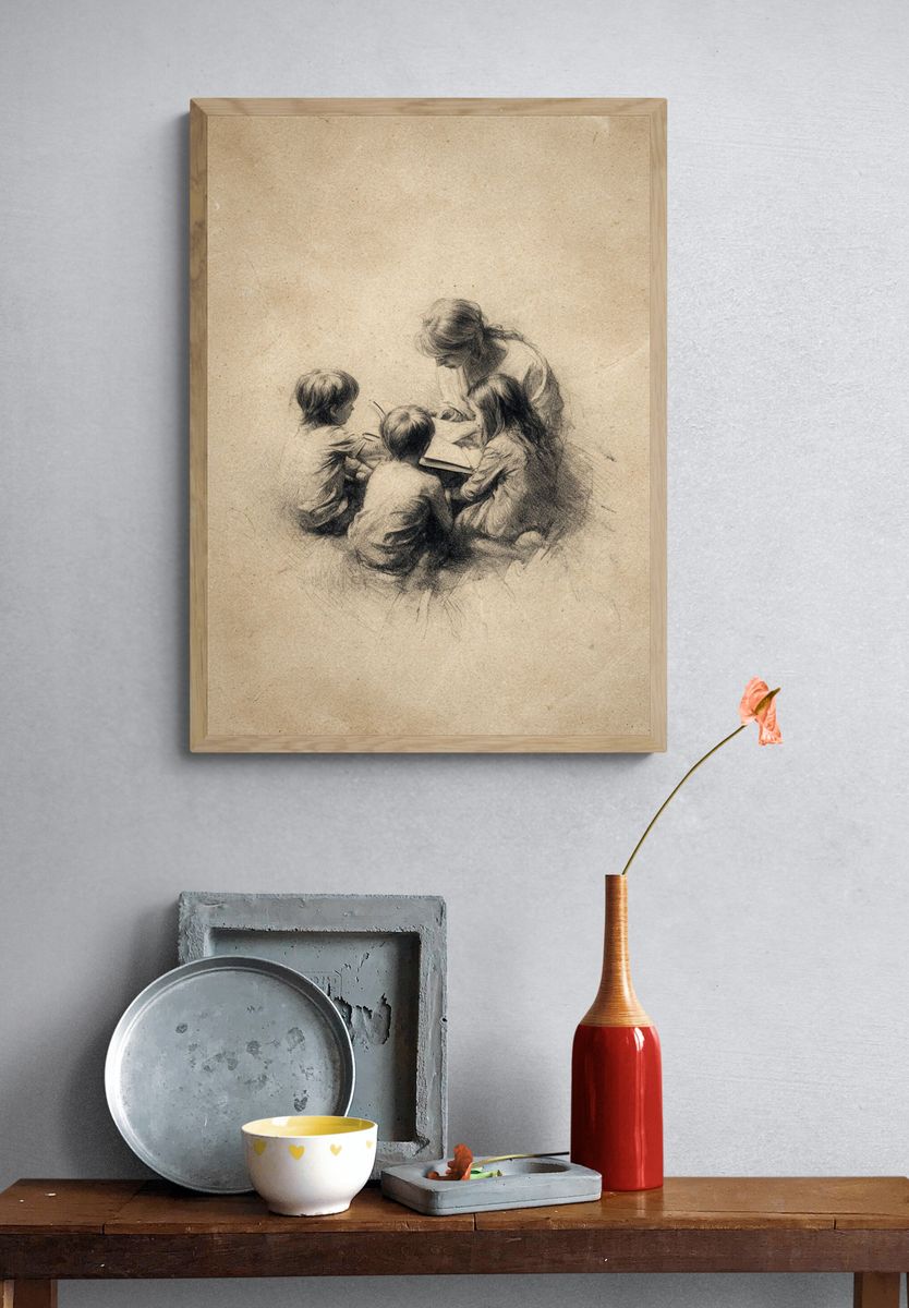 Children Reading Together — Illustration Print. — room view 3