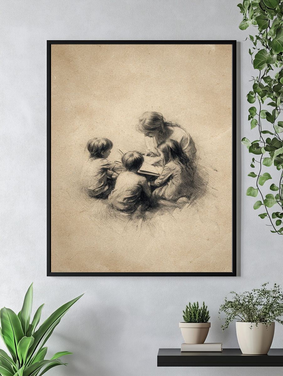 Children Reading Together — Illustration Print. — room view 4