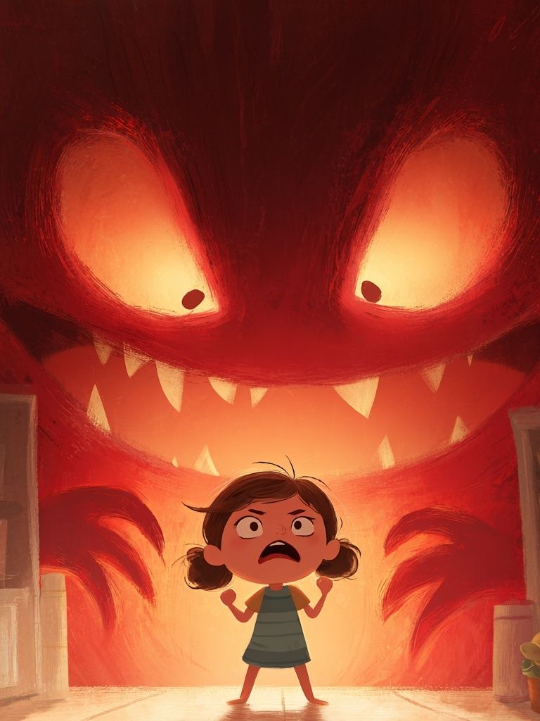 Girl Confronting Monster — Cartoon Print. poster — illustration art