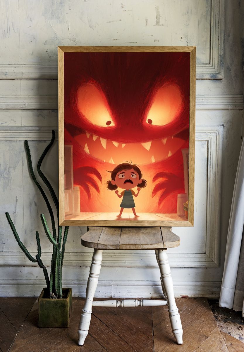 Girl Confronting Monster — Cartoon Print. — room view 1