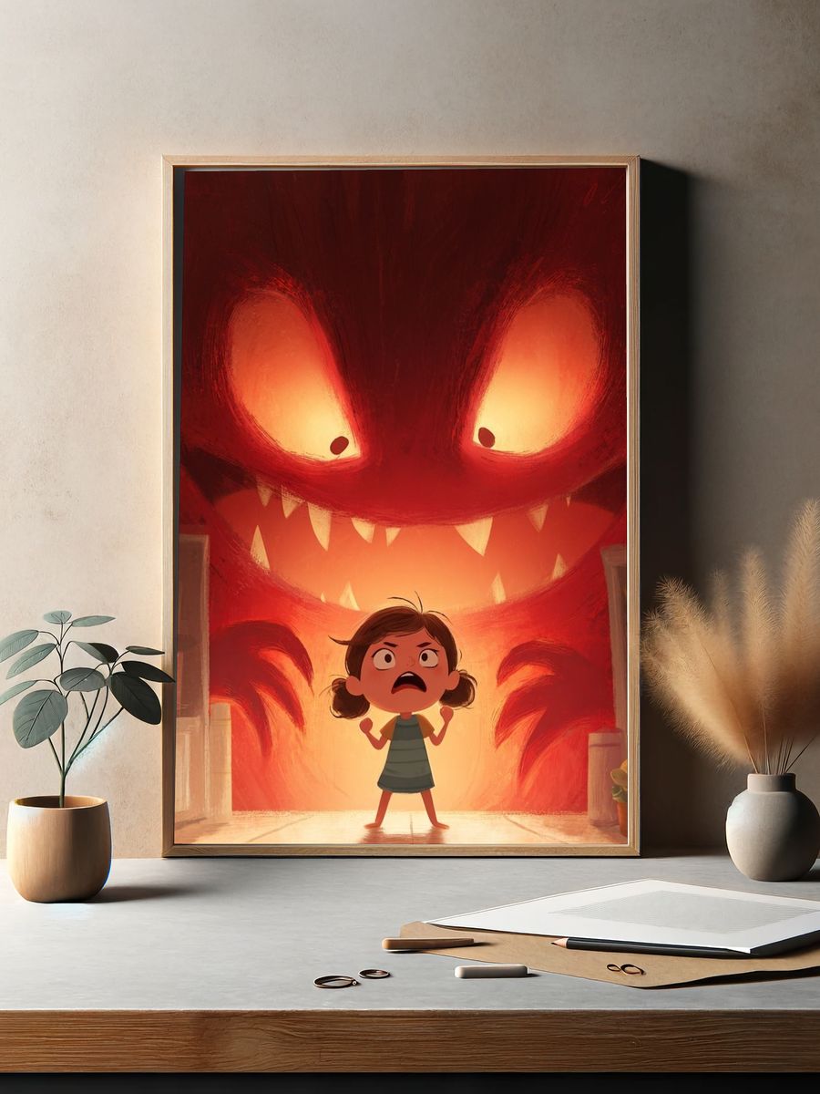 Girl Confronting Monster — Cartoon Print. — room view 2