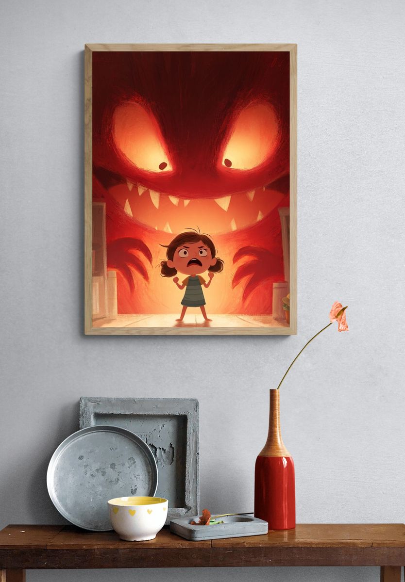 Girl Confronting Monster — Cartoon Print. — room view 3