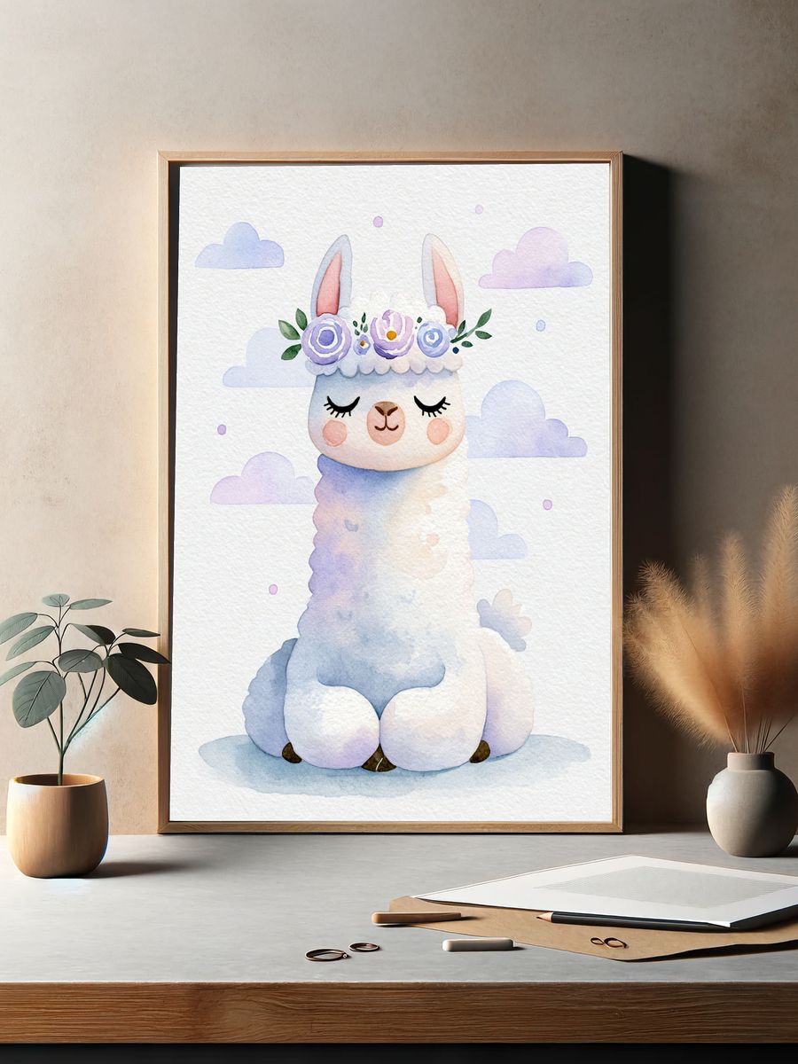 Pastel Llama Nursery Poster. — room view 2