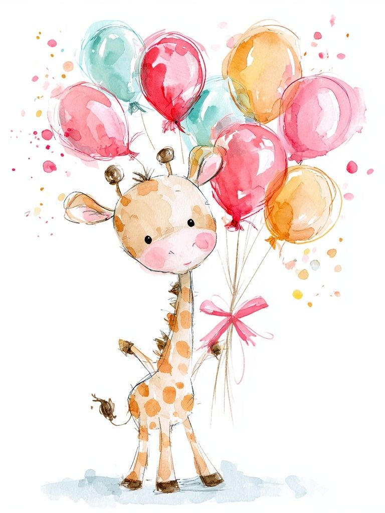 Giraffe with Balloons Illustration Poster. poster detail